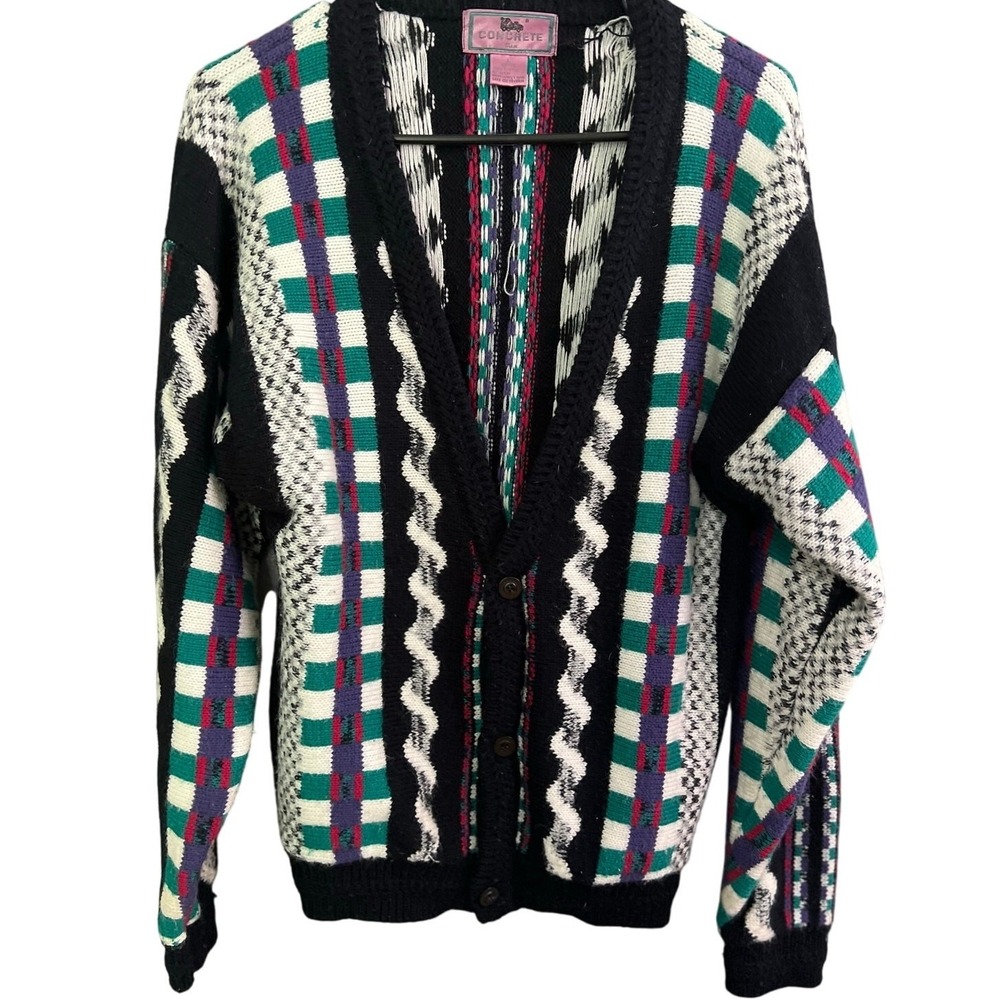 VTG Woman's Chunky Cardigan Colorful Sz 16/18 Hong Kong 80's VNeck Grandpacore - Picture 1 of 8